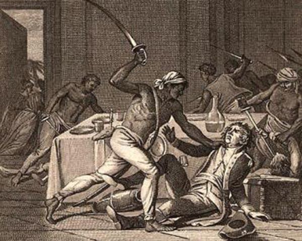 An eighteenth-century engraving of an uprising of enslaved people, who rise against their captors with raised cutlasses at a table.